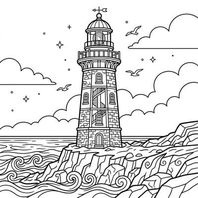 Embark on a creative journey with this captivating lighthouse coloring page, featuring a detailed beacon standing proudly on a rocky shore. Perfect for coloring enthusiasts who appreciate architectural beauty and serene coastal scenes.