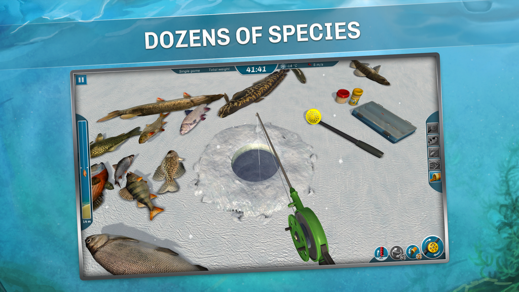 Ice Lakes - Ice Lakes gameplay showing various caught fish species on the ice near a fishing hole.