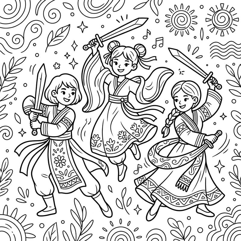 Bring vibrant life to this exciting sword dance scene, perfect for children aged 4-8. Young artists will love coloring these dynamic dancers in their traditional outfits, ready for a cultural celebration.
