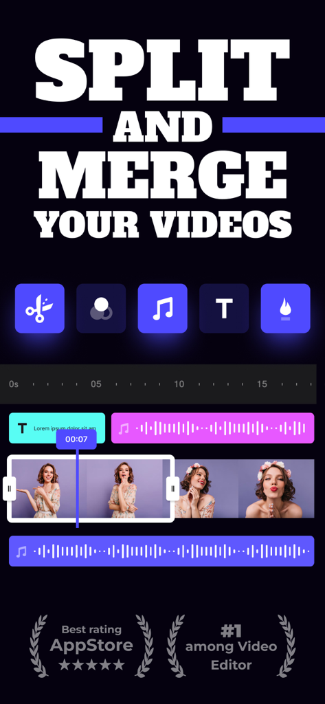 Video Merger & Splitter - Interface de um aplicativo de edição de vídeo móvel com ferramentas para dividir, juntar e adicionar música a clipes de vídeo