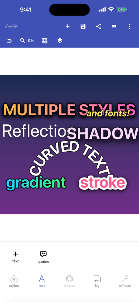 Interface of PixelLab app showcasing various text effects including curved text, shadows, gradients, and multiple font styles.