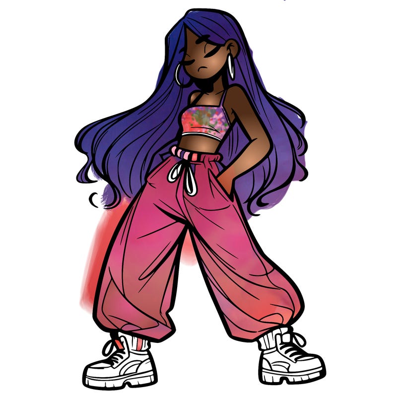 girl in baggy pants crop top and long hair