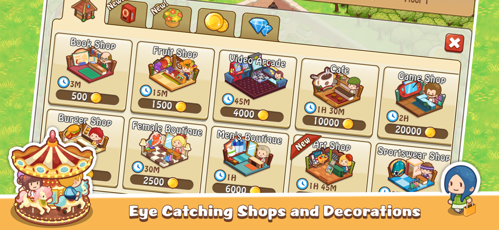 Happy Mall Story - A selection of colorful shops including a book shop and cafe in the Happy Mall Story game