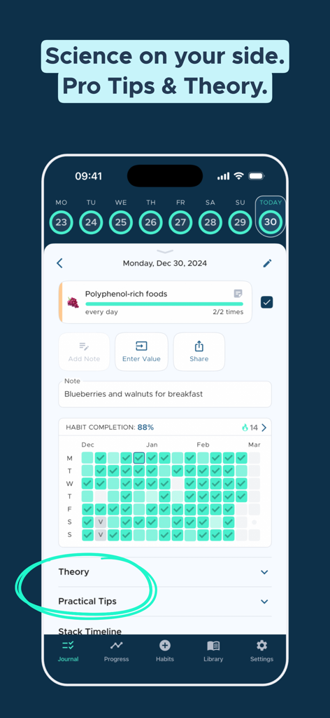 glue - new habits that stick - Glue app interface showing habit progress grid and scientific theory tips.