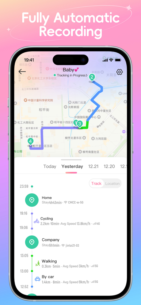SeekU CPL – Track & Trust - Interface of SeekU app showing a map with a tracked route and a timeline of daily activities like cycling and walking