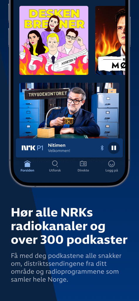 Interfaz de la aplicación NRK Radio que muestra podcasts noruegos y el reproductor de radio en vivo