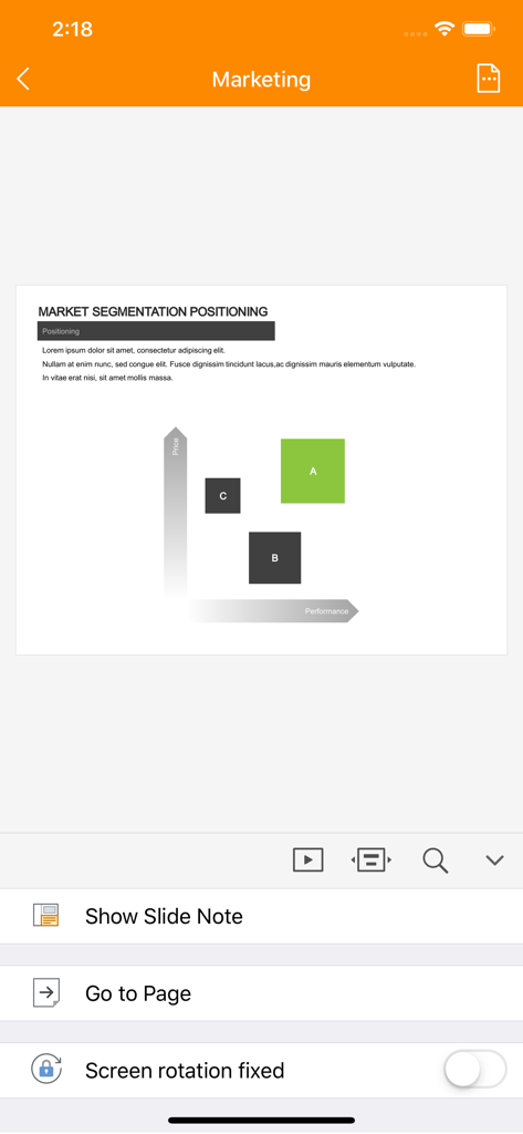 Polaris Viewer App zeigt eine Marktsegmentierungsfolie mit Preis- und Leistungschart