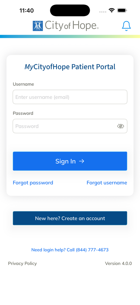 MyCityofHope Patient Portal login screen showing username and password fields