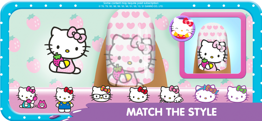 A gameplay screenshot of Hello Kitty Nail Salon showing the Match The Style challenge mode with pink heart patterns and character stickers