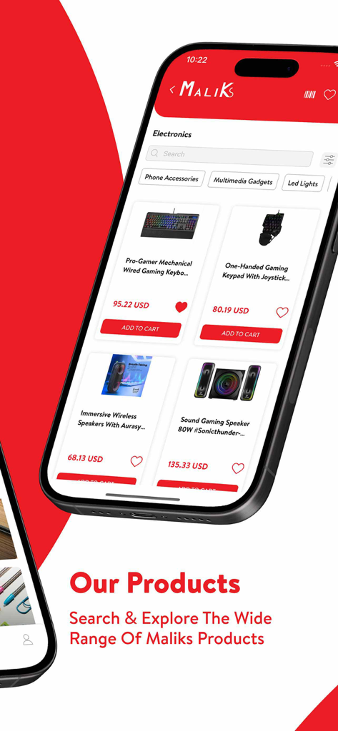 Interfaz de la aplicación móvil Maliks que muestra varios productos electrónicos, incluidos teclados para juegos y altavoces con precios en USD