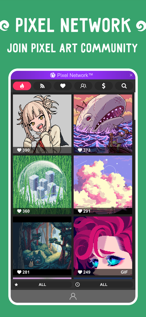 A gallery of user-generated pixel art showcasing the Pixel Network community within the app.