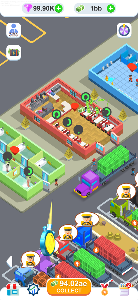 Isometric view of the Truck Depot game showing the restaurant area, restrooms, and trucks being loaded with cargo.