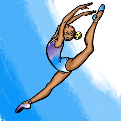 gymnast doing a leap in a leotard with a bent back leg