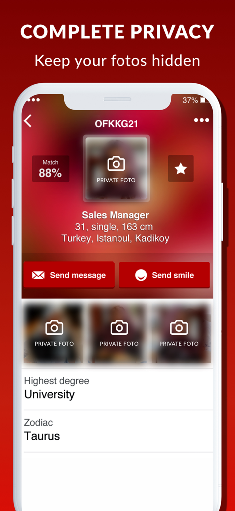 eCift mobile app interface showing a user profile with the private photo feature enabled for complete privacy