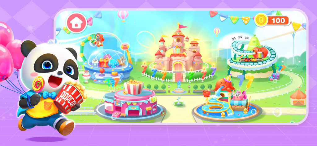 Baby Panda World - BabyBus - Baby Panda tiene in mano popcorn e palloncini in un colorato parco divertimenti con un castello