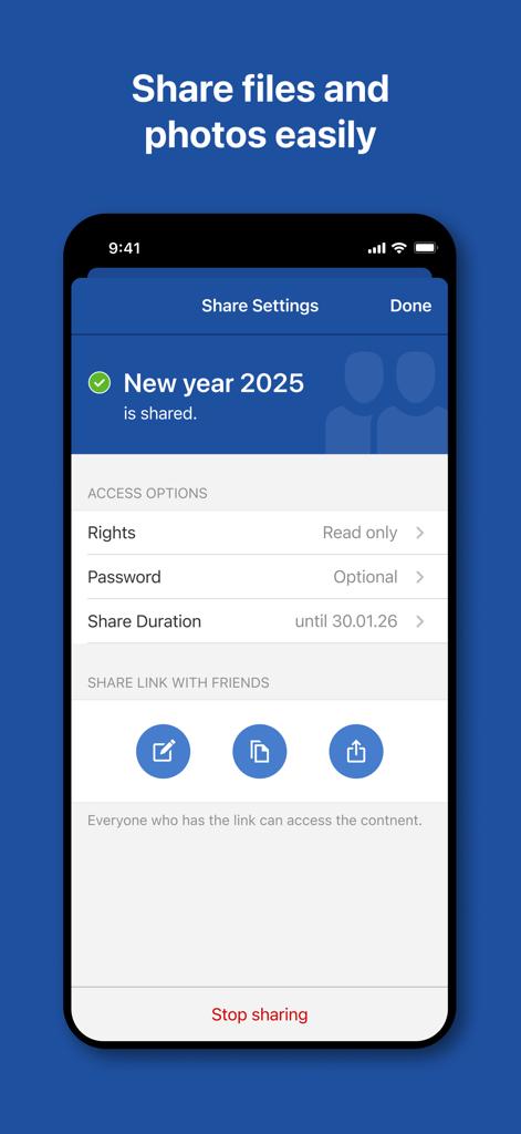 GMX - Mail & Cloud - GMX app screen showing secure file sharing settings with options for password protection and access rights.