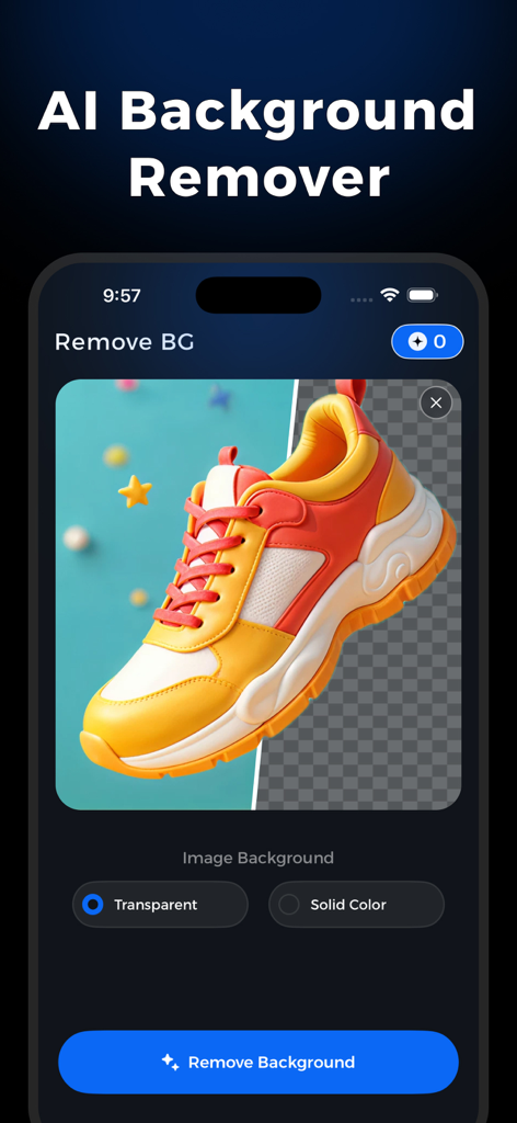 AI Background Generator - BGFX - Interface do aplicativo móvel mostrando um tênis com seu fundo sendo removido usando IA.
