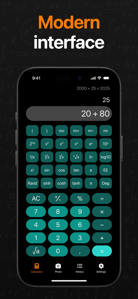 Smartphone screen showing a modern scientific calculator interface with teal buttons and dark mode design
