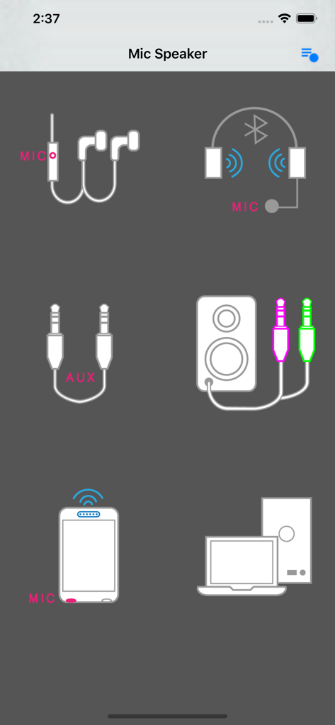 Microphone and speaker connection options including bluetooth and aux in the Mic Speaker app interface