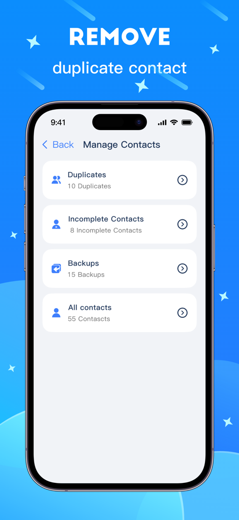 Super Cleaner - Space Clean - Super Cleanerアプリのインターフェース。重複や不完全な連絡先を削除するための連絡先管理オプションを表示しています。