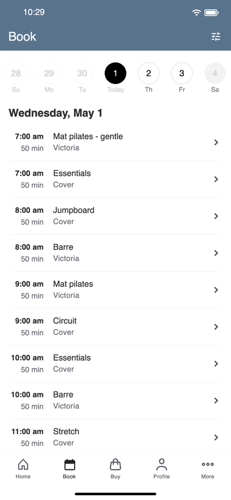 Platinum Studio Pilates - Daily class schedule and booking interface for Platinum Studio Pilates.