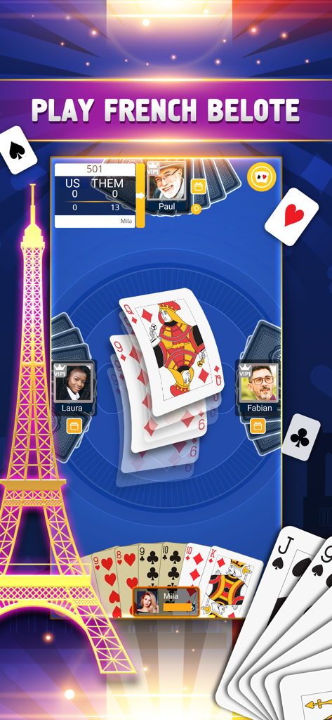 Une session multijoueur du jeu de cartes VIP Belote avec des avatars de joueurs et un fond graphique de la Tour Eiffel.