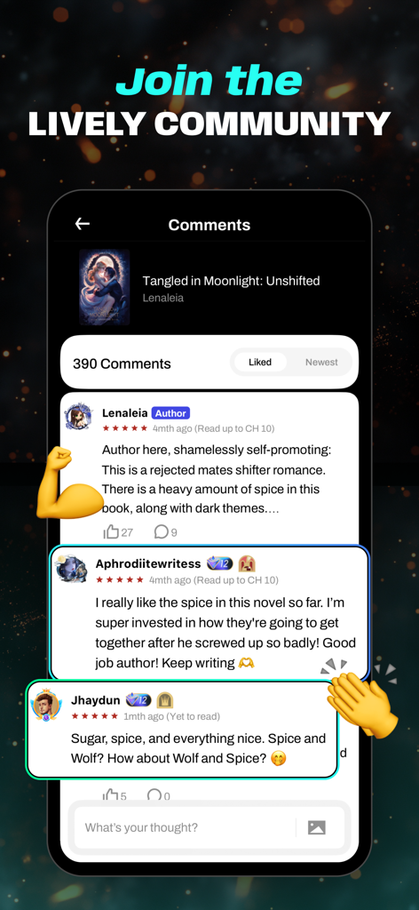 WebNovel app interface showing reader and author comments on a serialized romance story
