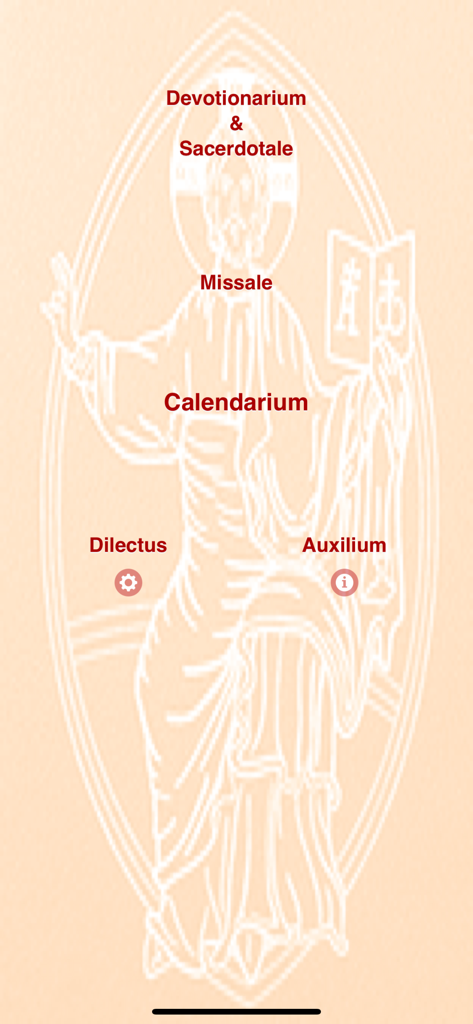 Main menu of the Missale Romanum mobile app with Latin liturgical options and a traditional religious illustration of Jesus Christ