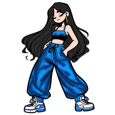 girl in baggy pants crop top and long hair