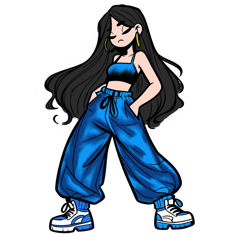 girl in baggy pants crop top and long hair