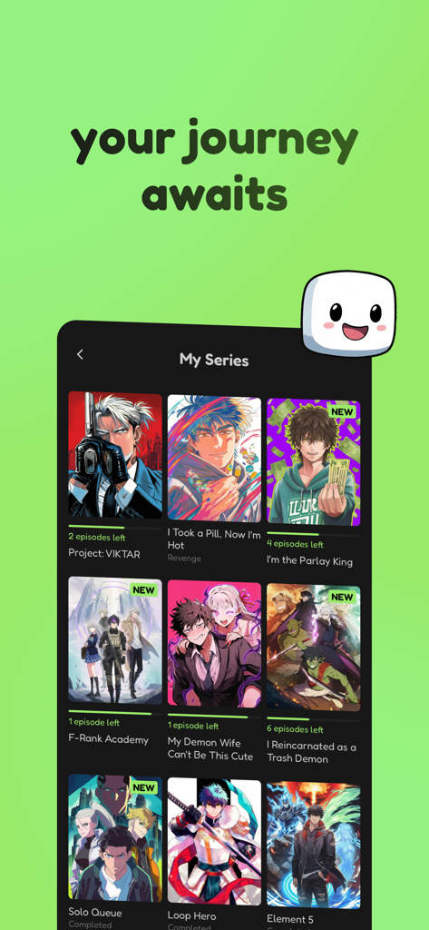 Interface of the Mochi app showing the My Series library with various anime titles and progress indicators
