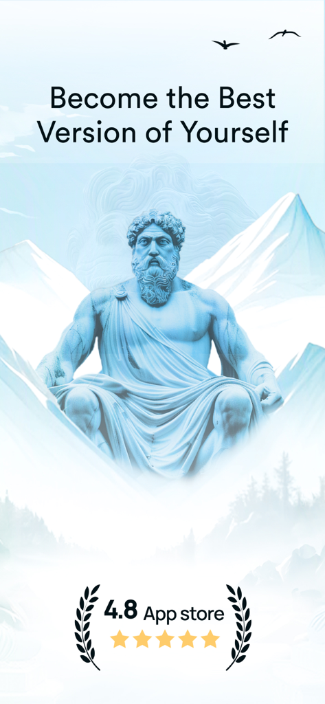 Daily Stoic Philosophy: Stoa - A blue-toned statue of a Stoic philosopher meditating against a mountain background with the text Become the Best Version of Yourself and a 4.8 star App Store rating.