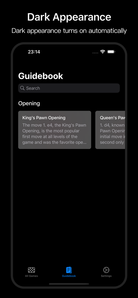 ChessBot app Guidebook screen displaying chess openings with an automatic dark appearance theme