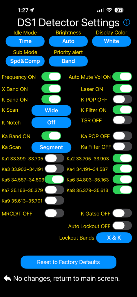 DS1 Companion - Detailed settings screen for the DS1 Companion radar detector app with various configuration toggles.