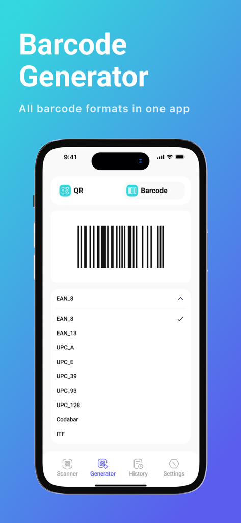 Barcode-Generator-Oberfläche in der QR und Barcode Fast Reader Pro App mit verschiedenen Barcode-Formaten wie EAN und UPC