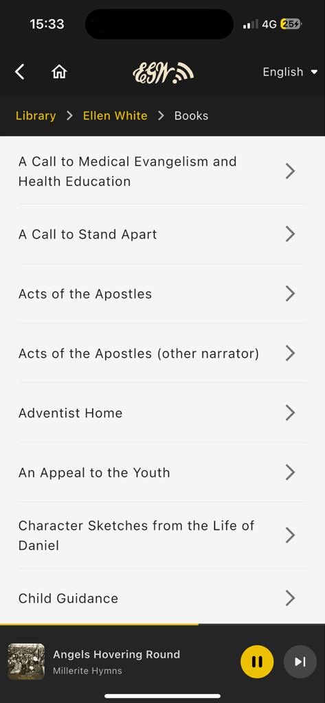 A list of Ellen White audiobooks within the EGWAudio mobile app library interface.