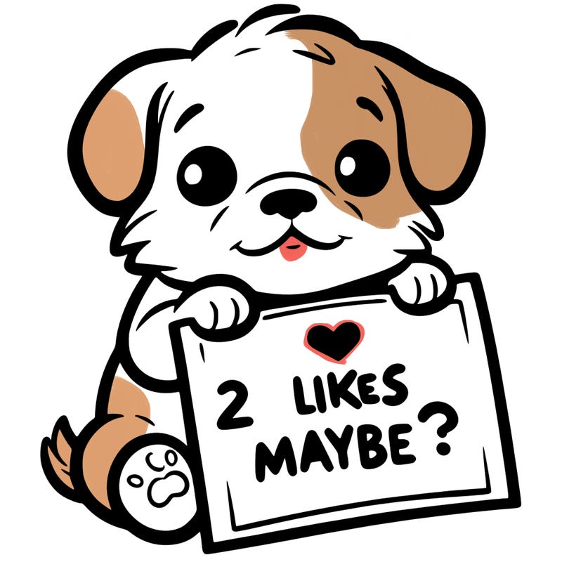a puppy holding a sign that says 2 likes maybe?