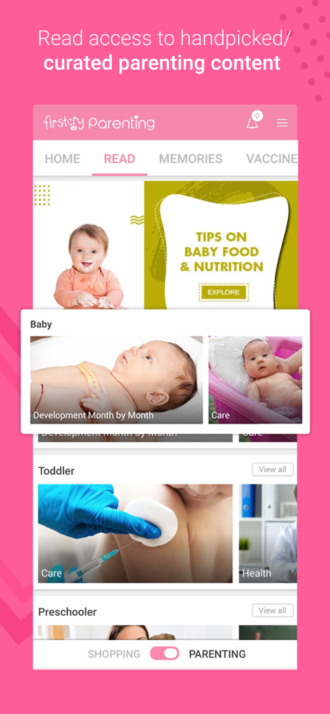 FirstCry Arabia: Baby & Kids - Une capture d'écran de l'application FirstCry Arabia montrant du contenu parental sélectionné pour les bébés, les tout-petits et les enfants d'âge préscolaire.