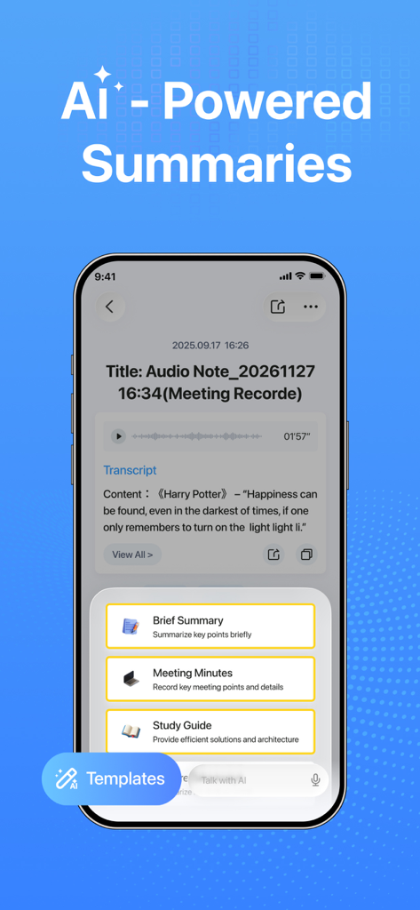 Notes - AI Note Taker - Notes app interface showing AI powered summary templates for meeting minutes and study guides