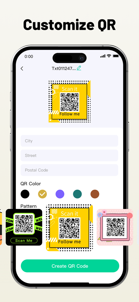 Safe QR Barcode Reader Creator - Mobile app interface for customizing and creating stylized QR codes