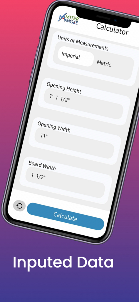 Miter Angle Calculator - Data input screen for miter angle calculator showing fields for opening dimensions and board width