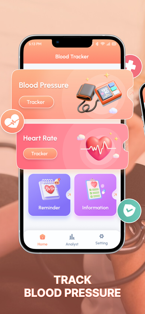 Mobile app home screen showing options to track blood pressure and heart rate with health reminders