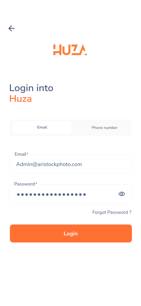 Huza HR - Huza HR mobile app login screen featuring email and password input fields and an orange login button
