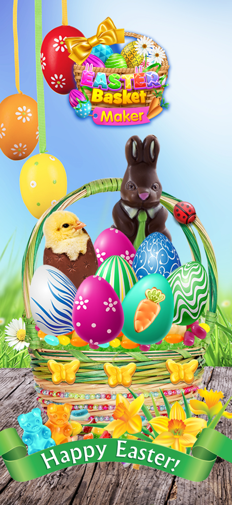 Easter Basket Maker Decorate - A colorful digital Easter basket filled with decorated eggs, a chocolate bunny, and a chick, with a Happy Easter banner.