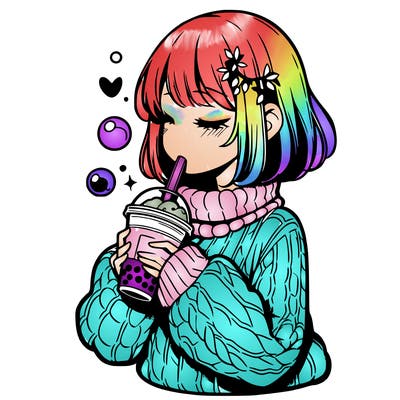 manga girl drinking boba in cozy sweater