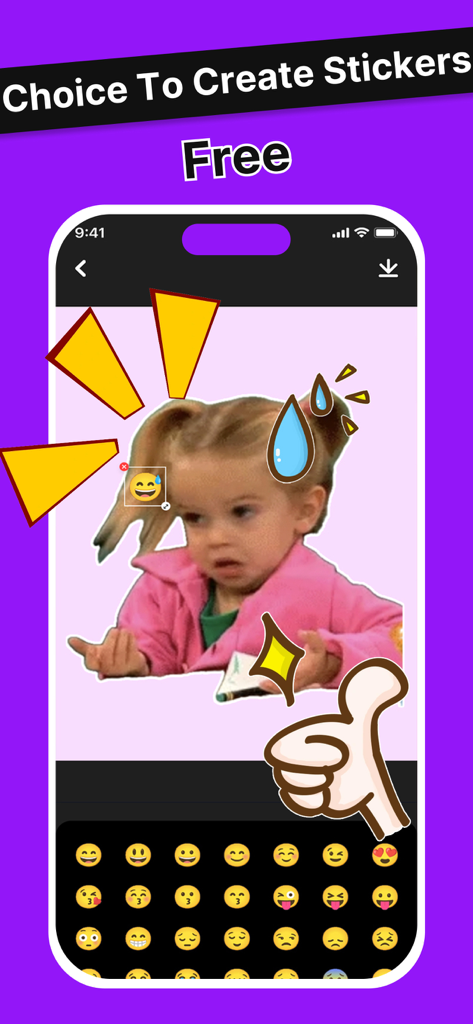 Sticker by Sticker Maker - Interface of Sticker by Sticker Maker app showing a meme being edited with emojis and graphics