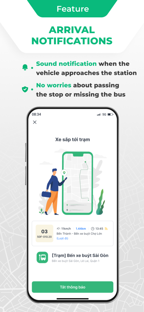 BusMap - Transit & Bus Ticket - BusMap arrival notification feature showing real-time bus tracking and station alerts.