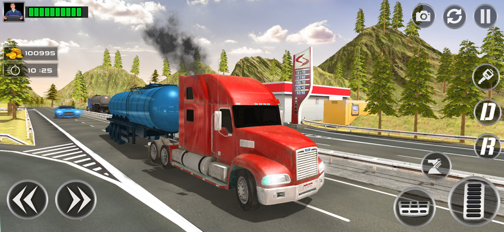 Supply Truck Driving Simulator - Camión semirremolque rojo con remolque cisterna azul en una carretera de montaña en un juego de conducción para móviles