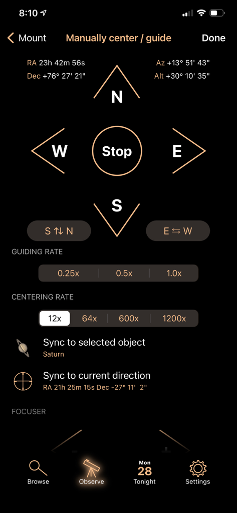 Luminos app screen for manual telescope mount guidance and centering with directional controls and coordinates
