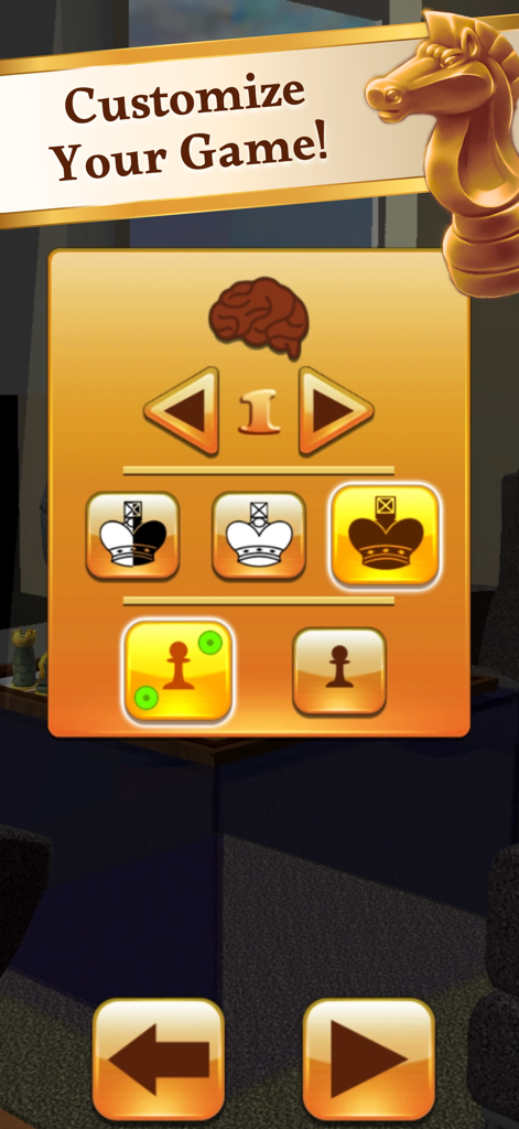 Chess 3D Pro Trainer - Menú de personalización en Chess 3D Pro Trainer que muestra niveles de dificultad y selección de color de piezas
